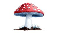 Red and white spotted mushroom amanita muscaria growing in grass and soil, detailed botanical illustration on white background for nature designs and fairy tale concepts.