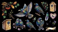 Iridescent starling birds sticker set isolated on transparent background, featuring birdhouses, feathers, berries, and floral elements, ready for clipart, t-shirt design, and print on demand.