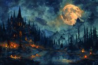 Mystical castle with glowing windows in dark forest under full moon, surrounded by pine trees and reflecting in lake with floating lanterns.