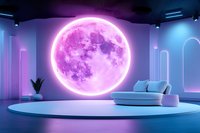 Futuristic living room with glowing pink moon installation against neon blue walls, featuring minimalist circular sofa and potted plant.