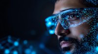 Young middle eastern man wearing futuristic smart glasses with glowing blue digital particles effect, representing augmented reality and innovative technology.