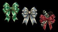 Decorative bows collection featuring green, blue patterned, and burgundy ribbon bows isolated on transparent background. Ready for t-shirt designs, clipart, stickers, sublimation, and print-on-demand projects.