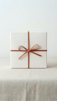 Elegant white gift box with terracotta ribbon bow on neutral linen surface for special occasions and celebrations.