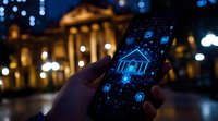 Mobile banking app interface glowing on smartphone screen at night with classical building architecture and bokeh lights in background. Digital payment technology.