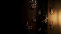 Dark spiders crawling on wooden surface with dramatic lighting creating spooky Halloween atmosphere for horror themed decorations and seasonal designs.