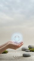 Hands holding glowing eco symbol above zen garden with stones and sand patterns representing sustainability and environmental consciousness.