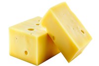 Two blocks of yellow Swiss cheese with holes on white background, fresh dairy product isolated for food packaging and menu design.