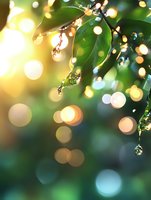 Fresh green leaves with morning dew drops catching sunlight creating magical bokeh effect against blurred natural background. Perfect for wellness and nature designs.