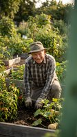 Senior Caucasian man in hat and plaid shirt smiling while gardening in raised beds with tomato plants during golden hour sunlight for organic farming content.