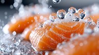 Fresh raw salmon pieces with water drops and bubbles in macro photography, showcasing luxurious seafood texture and natural moisture for culinary and restaurant use.