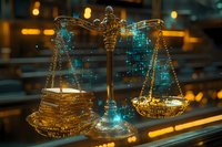 Digital transformation of legal system with glowing scales of justice balancing traditional law books against modern cryptocurrency and blockchain technology.