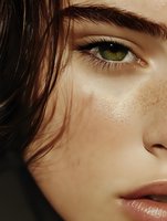 Close-up portrait of young Caucasian woman with green eyes and natural freckles. Warm lighting highlights facial features for beauty and skincare concepts.
