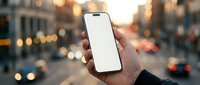 Hand holding smartphone with blank white screen on blurred city street background at sunset. Mockup for mobile app presentation and digital marketing campaigns.