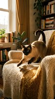 Siamese cat with dark points and cream-colored coat standing on cream knit furniture in cozy home library with golden curtains, potted plants, and bookshelves by window with natural light.
