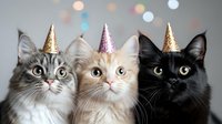 Three adorable cats wearing festive party hats against blurred bokeh background, perfect for celebration themes, pet birthdays, or animal holiday cards.