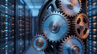Interconnected gears with digital circuit patterns overlay server room background, representing system integration, mechanical automation, data processing, and technology infrastructure for industrial applications.