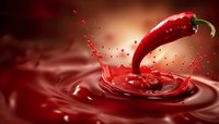 Red chili pepper splashing into liquid creating dynamic waves and droplets. Vibrant food photography for culinary, cooking, and spice-related design projects.