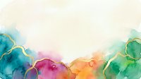 Watercolor abstract background with flowing turquoise, pink, orange and green washes separated by gold lines, isolated on white for design projects.