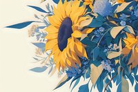 Vibrant sunflower arrangement with blue wildflowers and foliage on cream background, featuring golden petals and navy center in artistic botanical composition.