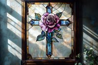 Stained glass window with ornate cross and pink rose design, illuminated by dramatic sunbeams casting shadows through decorative religious artwork.