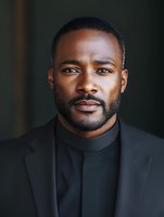 Professional headshot of confident African American man in black suit and turtleneck against dark background, displaying genuine smile and direct gaze.