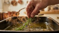 Unrecognizable person adding fresh rosemary herb into hot oil in metal pan for cooking, culinary preparation and food seasoning.