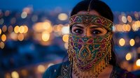 Young Middle Eastern woman wearing ornate beaded face veil with intricate patterns against blurred city lights at night creating mystical atmospheric portrait.