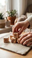 Hands arranging wooden blocks with business icons on desk in cozy home office setting with plants and natural lighting for strategic planning concepts.
