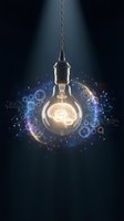 Glowing light bulb with digital brain and circuit board patterns radiating outward, symbolizing innovation, artificial intelligence, and creative thinking for technology and business concepts.