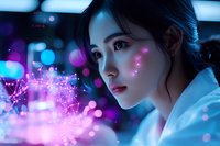 Young Asian woman with glowing pink dots on face gazes into distance against blurred neon lights and bokeh background, creating futuristic cyberpunk atmosphere.