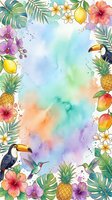 Watercolor tropical frame with toucans, hummingbirds, hibiscus, orchids, pineapples, mangoes, and palm leaves surrounding a colorful pastel center.