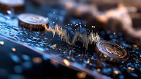 Macro shot of cryptocurrency coins on circuit board with digital wave pattern visualization in dark blue tones, modern financial technology concept.