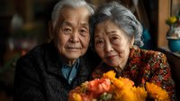 Senior Asian couple smiling together while holding vibrant orange and yellow flowers, expressing joy and companionship in their golden years. Warm lighting creates intimate atmosphere.