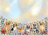 Adorable group of dogs sitting together surrounded by colorful floral border with roses and leaves on textured watercolor background for pet designs.
