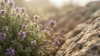 Wild purple flowering herbs growing among desert rocks in warm golden sunlight creating natural botanical landscape for wellness and aromatherapy concepts.