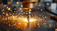 Dramatic close-up of metal drilling process with bright orange sparks flying, showing industrial machining operation against dark background with bokeh light effects.