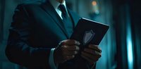 Businessman in dark suit holding digital tablet with security shield icon, dramatic blue lighting emphasizes cybersecurity and data protection concept in corporate setting.