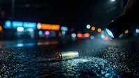Crime scene investigation with bullet casing on wet asphalt at night. Police flashlight illuminates evidence with blurred city lights background.