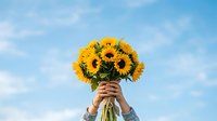 Person holding bouquet of sunflowers against blue sky with clouds. Unrecognizable individual in casual attire displaying yellow flowers for celebrations, gifts, or seasonal summer occasions.