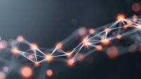 Glowing network of orange light nodes connected by white lines against dark background, representing digital connectivity and data transmission.