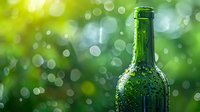 Green glass wine bottle with water drops against blurred natural bokeh background in sunlight creates fresh summer atmosphere.