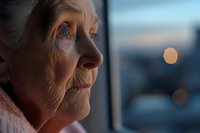 Elderly woman gazing thoughtfully through window at sunset, profile view showing wrinkled skin and contemplative expression, soft bokeh lights in background.