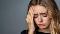 Young woman with blonde hair experiencing intense headache or migraine pain, holding head with hand against gray background, showing emotional distress and discomfort.