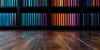 Colorful gradient bookshelves with rows of books creating vibrant spectrum pattern, reflected on wooden floor surface in dark moody library interior.
