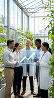 Diverse business team analyzing growth chart in modern greenhouse with hydroponic plants, sustainable agriculture technology meeting concept.