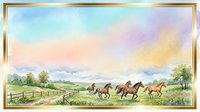 Herd of horses running freely across pastoral countryside landscape with golden frame border and soft watercolor sky.