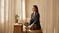 Young Asian woman in gray suit meditating in modern office space with natural lighting and minimalist decor for wellness and mindfulness concepts.