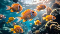 Vibrant orange tropical fish swimming in deep blue aquarium water against coral reef background, creating dynamic underwater scene with multiple fish in motion.