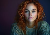 Young woman with natural red curly hair and freckles wearing cozy knit sweater against dark background, gentle smile and confident gaze portrays authenticity.
