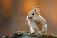 Adorable brown bunny rabbit with fluffy fur sitting on mossy log against warm autumn background, showcasing curious expression and alert ears. Perfect for nature photography.
